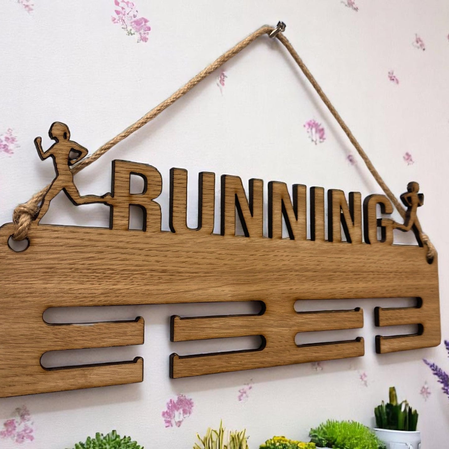 Running Lady Rope Medal Hangers - Wood