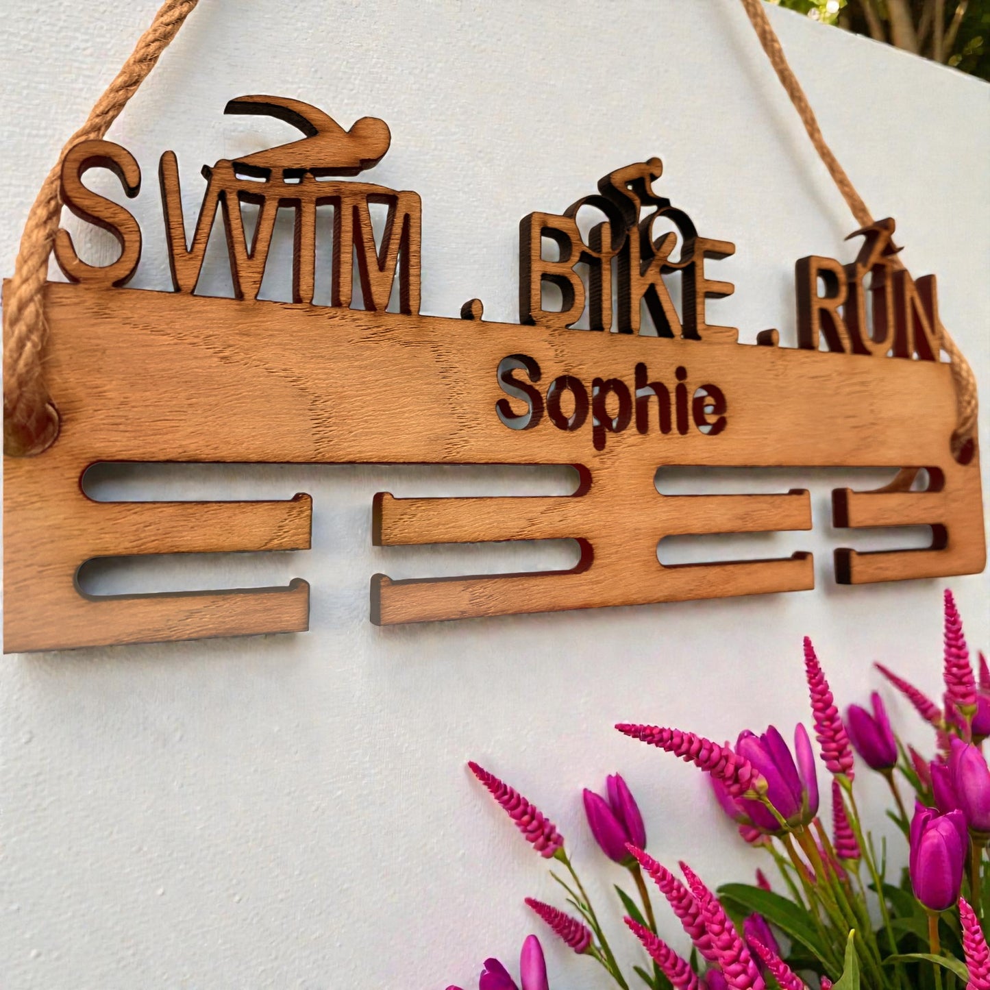 Swim, Bike, Run Medal Hangers - Wood