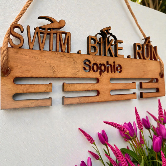 Swim, Bike, Run Medal Hangers - Wood