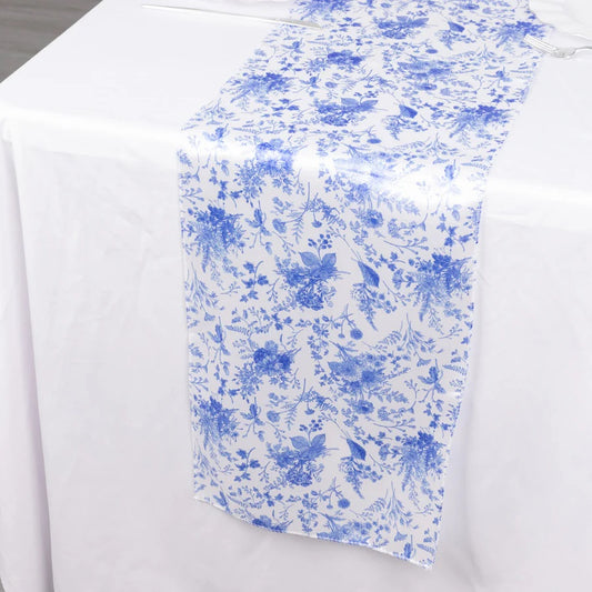 White & Blue Chinoiserie Floral Print Satin Smooth Table Runners