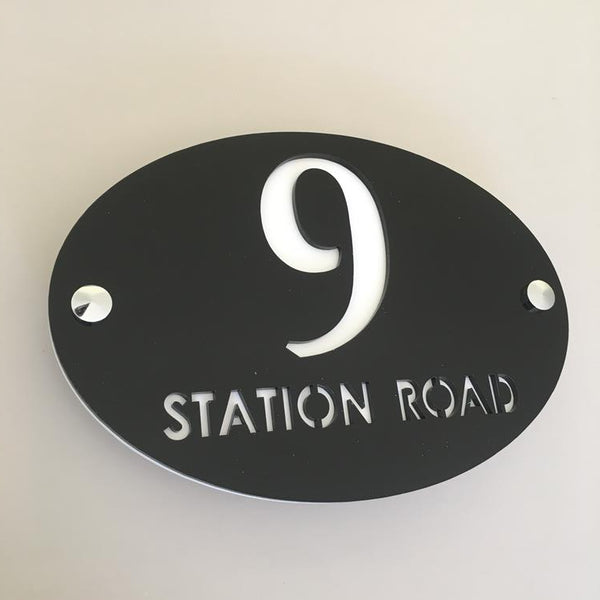 Oval House Number & Street Name Sign - Black & White Gloss Finish