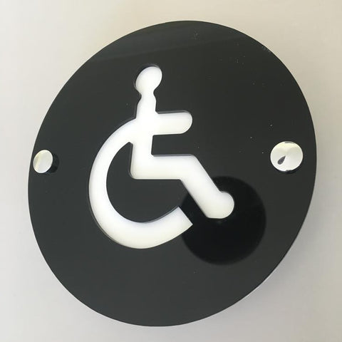 Round Disabled Toilet Sign - Black & White Gloss Finish