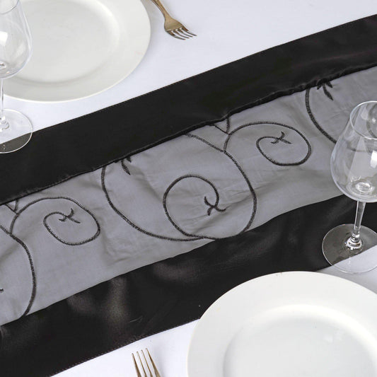 Black Embroidered Sheer Organza Satin Table Runner