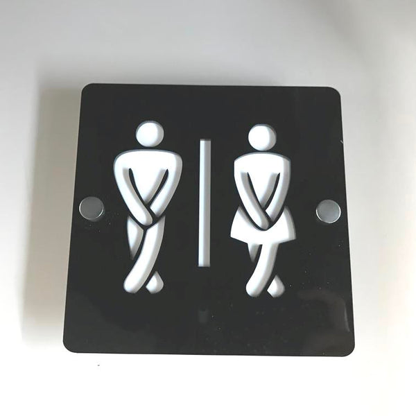 Square Crossed Legged Male & Female Toilet Sign - Black & White Gloss Finish