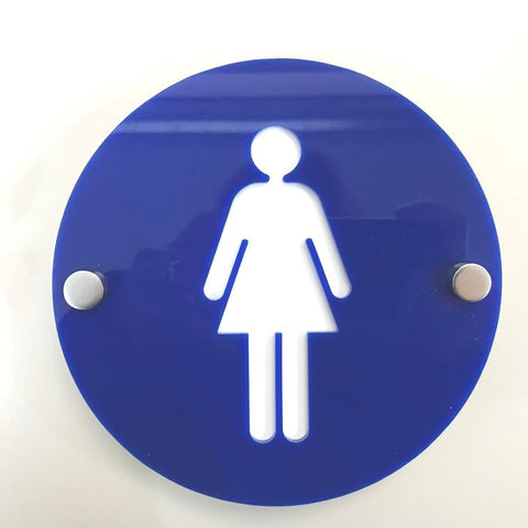 Round Female Toilet Sign - Blue & White Gloss Finish