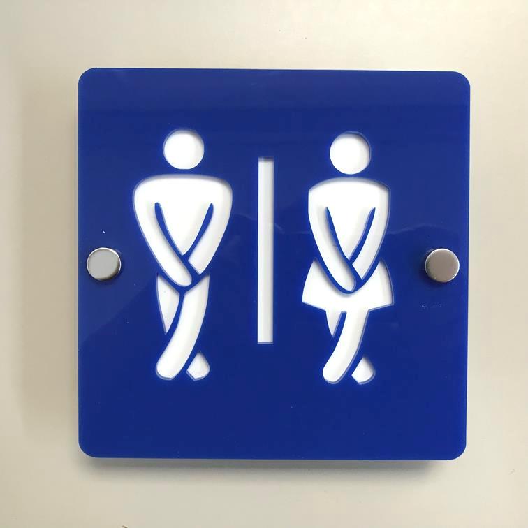 Square Crossed Legged Male & Female Toilet Sign - Blue & White Gloss Finish