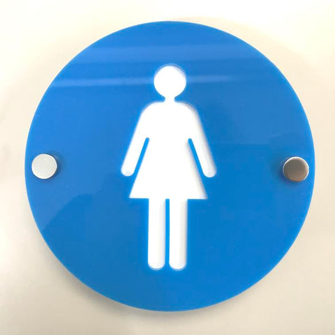 Round Female Toilet Sign - Bright Blue & White Gloss Finish