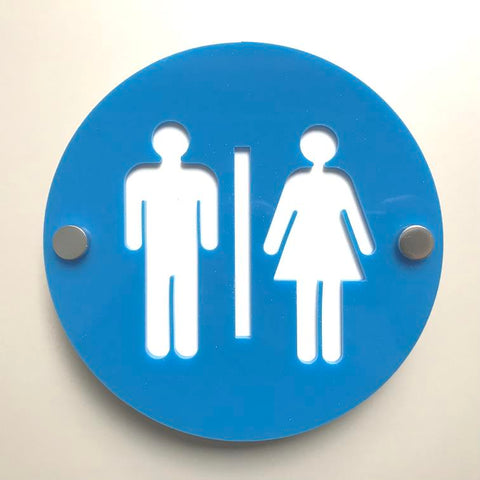 Round Male & Female Toilet Sign - Bright Blue & White Gloss Finish