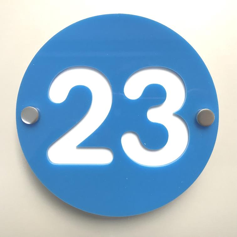 Round Number House Sign - Bright Blue & White Gloss Finish