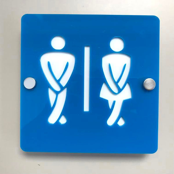 Square Crossed Legged Male & Female Toilet Sign - Bright Blue & White Gloss Finish