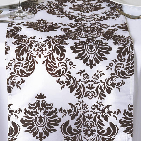 White & Chocolate Brown Damask Table Runner