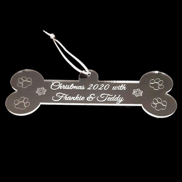 Dog Bone, Personalised Engraved Christmas Tree Decorations, Clear