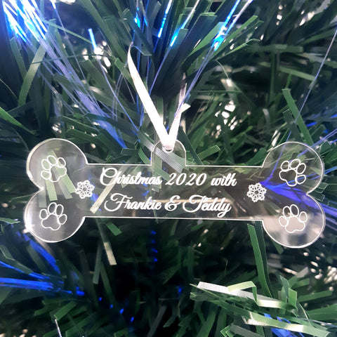 Dog Bone, Personalised Engraved Christmas Tree Decorations, Clear