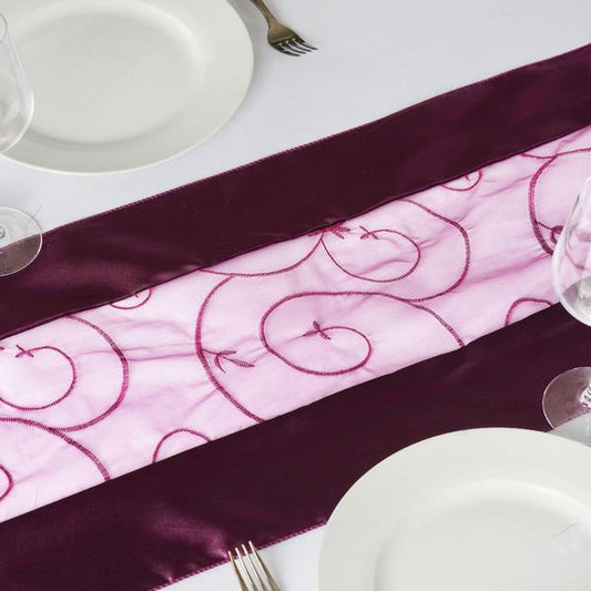 Aubergine Embroidered Sheer Organza Satin Table Runner