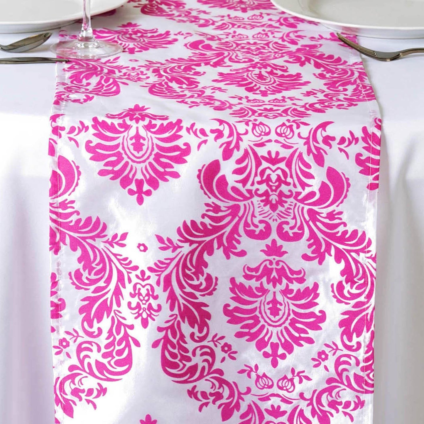 White & Fuchsia Damask Table Runner