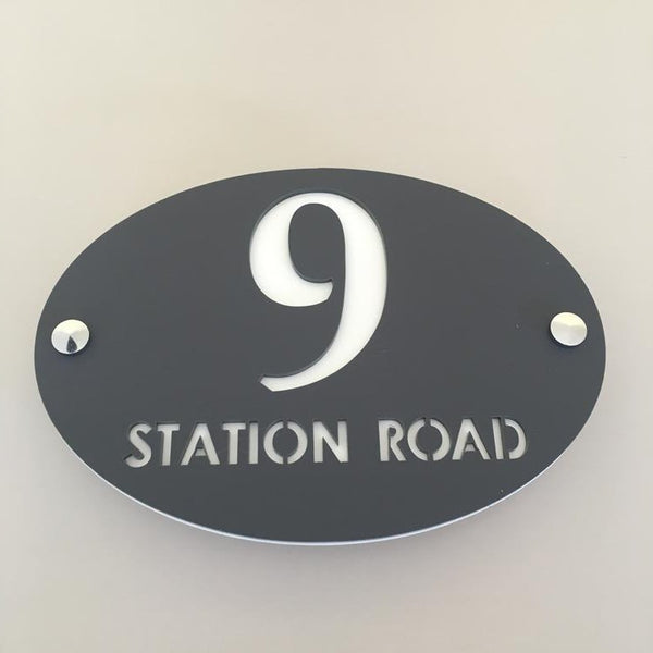 Oval House Number & Street Name Sign - Graphite & White Matt Finish