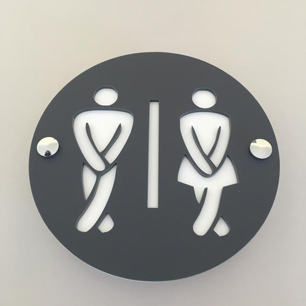 Round Cross Legged Male & Female Toilet Sign - Graphite & White Mat Finish