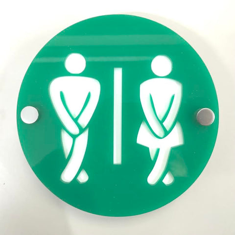 Round Cross Legged Male & Female Toilet Sign - Green & White Gloss Finish