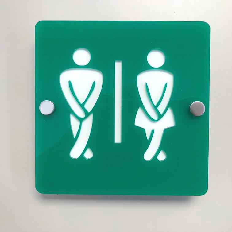 Square Crossed Legged Male & Female Toilet Sign - Green & White Finish