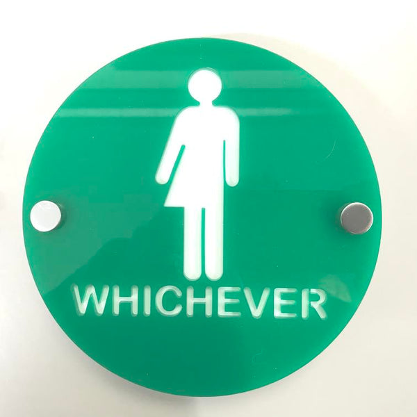 Round Whichever Toilet Sign - Green & White Gloss Finish