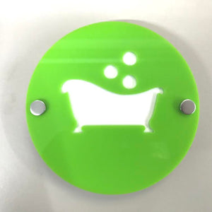 Round Bathroom "Bath & Bubbles" Sign - Lime Green & White Gloss Finish