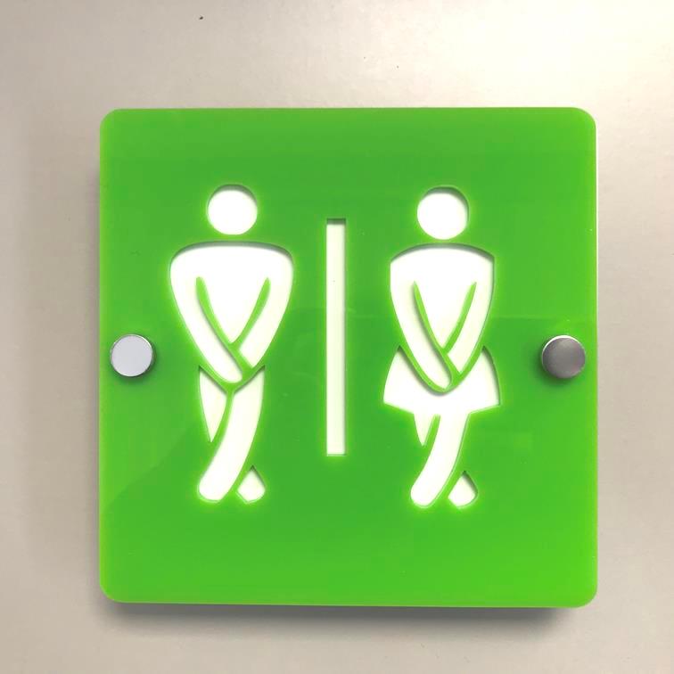 Square Crossed Legged Male & Female Toilet Sign - Lime Green & White Gloss Finish