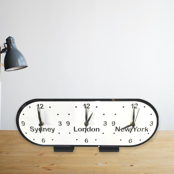 Bespoke Named Oval Three Time Zones Clocks & Desk Stand (Many Colour Choices)