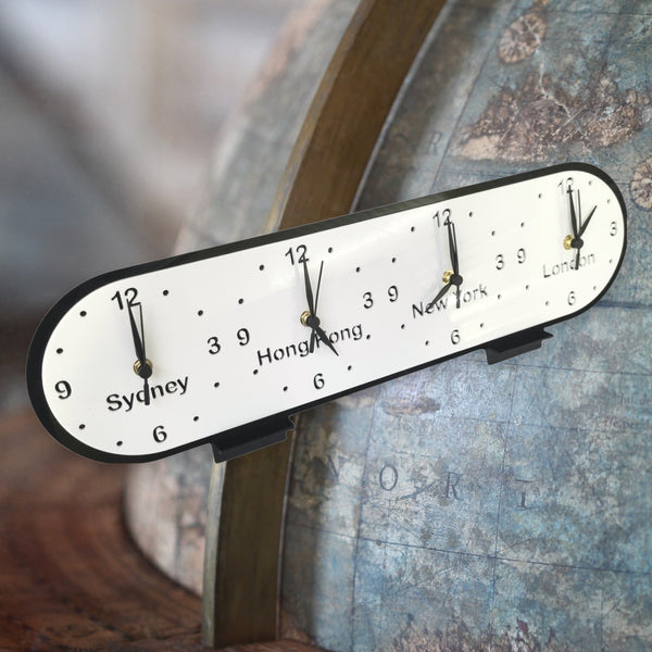 Bespoke Named Square Four Time Zones Clocks & Desk Stand (Many Colour Choices)