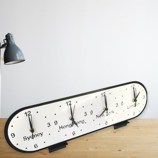 Bespoke Named Square Four Time Zones Clocks & Desk Stand (Many Colour Choices)