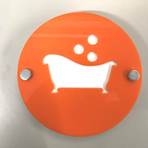 Round Bathroom "Bath & Bubbles" Sign - Orange & White Gloss Finish