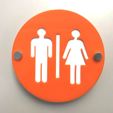 Round Male & Female Toilet Sign - Orange & White Gloss Finish