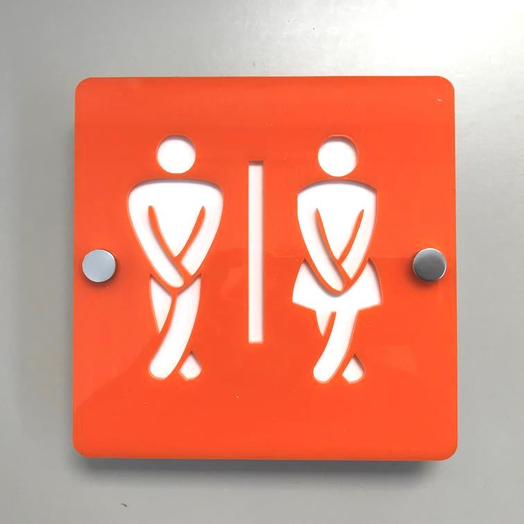 Square Crossed Legged Male & Female Toilet Sign - Orange & White Gloss Finish
