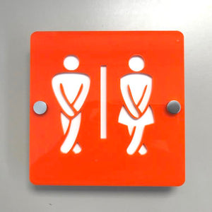 Square Crossed Legged Male & Female Toilet Sign - Orange & White Gloss Finish
