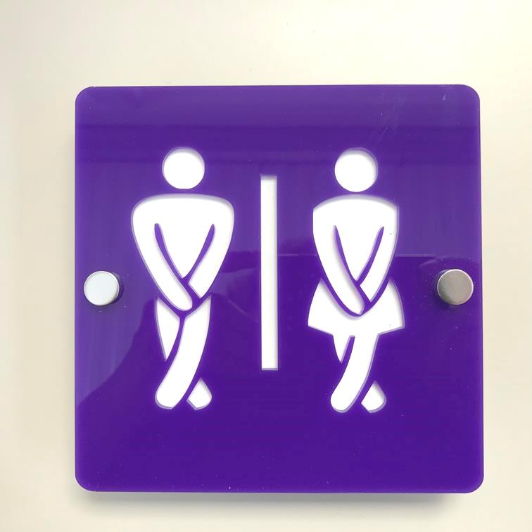 Square Crossed Legged Male & Female Toilet Sign - Purple & White Gloss Finish