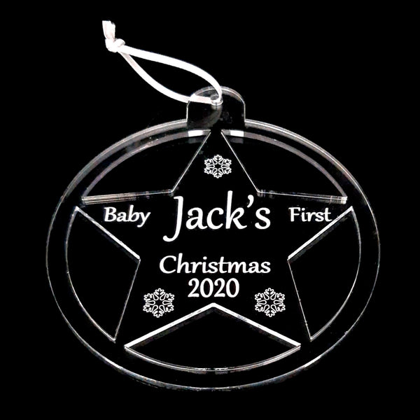 Round Star "Baby's 1st Christmas" Engraved Christmas Tree Decorations, Clear