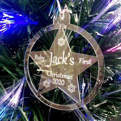 Round Star "Baby's 1st Christmas" Engraved Christmas Tree Decorations, Clear