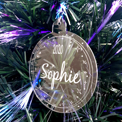 Bauble Bespoke "Name & Year" Engraved Christmas Tree Decorations, Clear