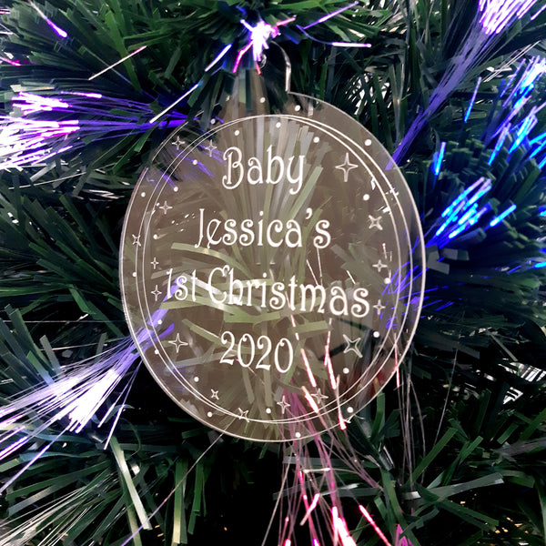 Bauble "Baby's 1st Christmas" Engraved Christmas Tree Decorations, Clear