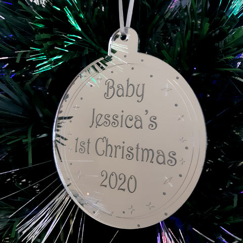 Bauble "Baby's 1st Christmas" Engraved Christmas Tree Decorations Mirrored