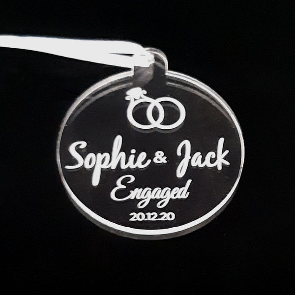 Bauble, "Engagement Name & Date" Engraved Christmas Tree Decorations, Clear