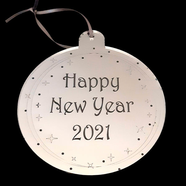 Bauble "Happy New Year" Engraved Christmas Tree Decorations Mirrored