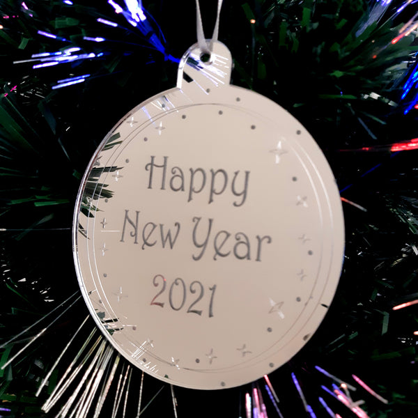 Bauble "Happy New Year" Engraved Christmas Tree Decorations Mirrored