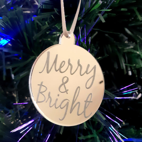 Round Engraved Sayings Christmas Tree Decorations, Mirrored
