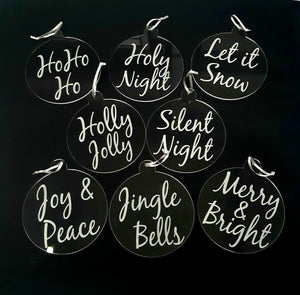 Round Engraved Sayings Christmas Tree Decorations, Clear