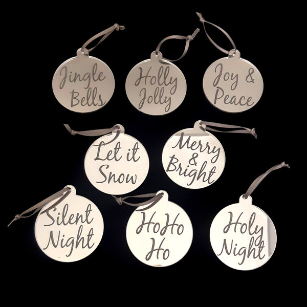 Round Engraved Sayings Christmas Tree Decorations, Mirrored