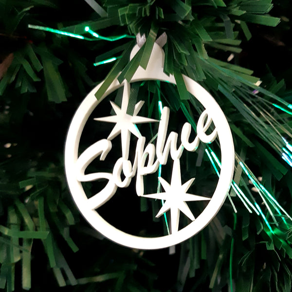 Round Personalised Name & Stars Christmas Tree Decorations Matt Pastel Colours