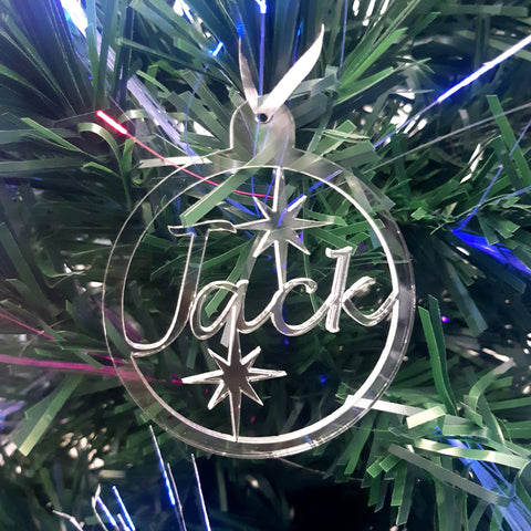 Round Personalised Name & Stars Christmas Tree Decorations