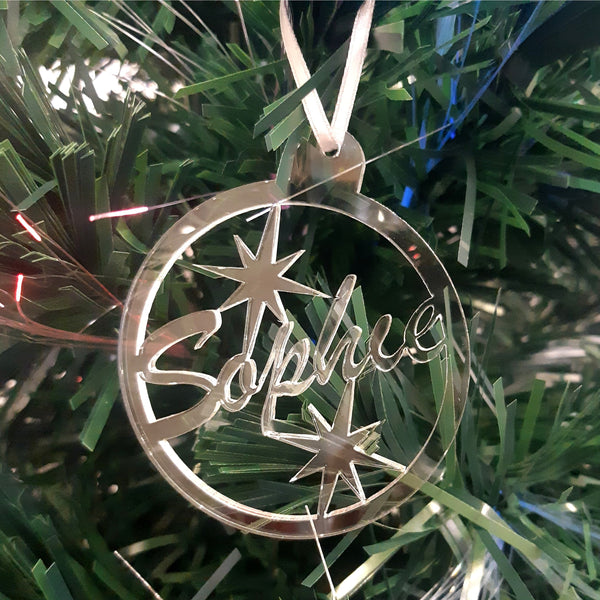 Round Personalised Name & Stars Christmas Tree Decorations