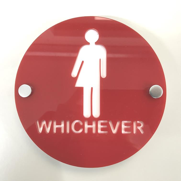 Round Whichever Toilet Sign - Red & White Gloss Finish