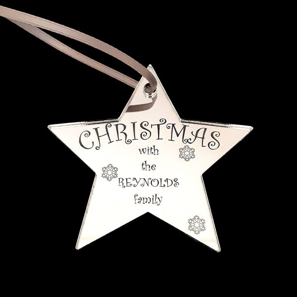 Star Personalised "Christmas with the Family" Engraved Christmas Tree Decorations Mirrored